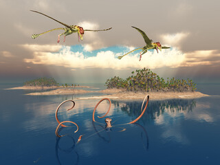 Obraz premium Insellandschaft mit riesigem Kraken und dem Flugsaurier Peteinosaurus