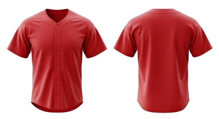 Front and back views of a vibrant red baseball jersey, isolated on white.