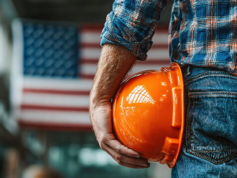 Construction worker holding orange safety helmet with american flag in background, celebrating labor day