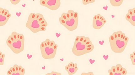 Cute Pattern of Pink Heart Paws on Beige Background