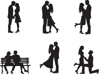 Silhouettes of romantic couples in various loving poses together
