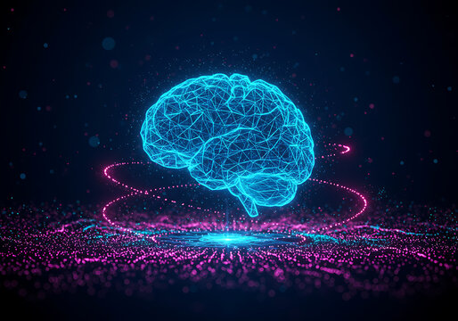 A vibrant glowing digital representation of a human brain surrounded by swirling neon light particles on a dark background, symbolizing artificial intelligen... - Powered by Adobe