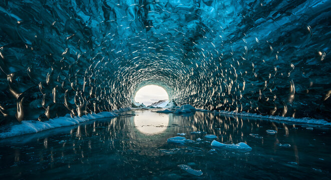 Ice cave glacier tunnel iceland winter landscape travel destination adventure exploration blue ice formation 100