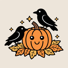 Cute Pumpkin with Crows and Autumn Leaves Cartoon Illustration