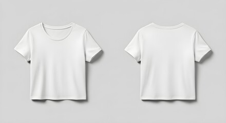 Front and back view of a plain white t-shirt, isolated on a neutral background, showcasing its simple design.