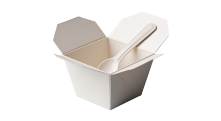 Empty white takeout box with a spoon inside