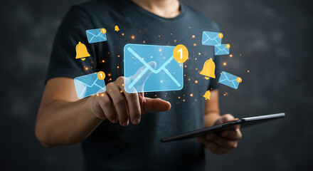 Man interacting with a digital email notification on a tablet.