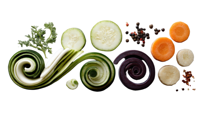 Artistic arrangement of fresh vegetables including cucumber, carrot, and turnip slices in spiral patterns, isolated on transparent background, showcasing healthy and organic ingredients