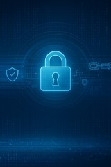 Cybersecurity Lock Interface with Data Encryption Icons and Blue Digital Layers