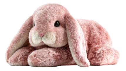 Soft pink bunny resting on a surface with transparency