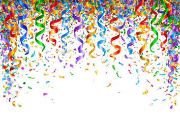 Fototapeta premium Colorful confetti and streamers falling against black background