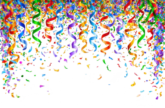 Colorful confetti and streamers falling against black background