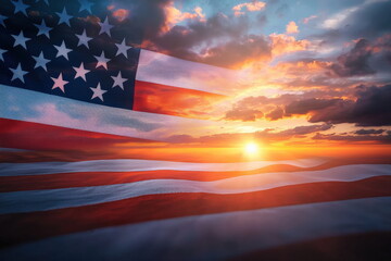 American flag waving in the wind at sunset with a dramatic sky, creating a patriotic and inspiring scene