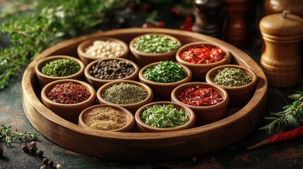 Fototapeta premium An assortment of herbs, spices, and seasonings in separate cups on a rustic tray, placed on a kitchen island. Culinary ingredients, cooking inspiration.