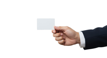 Young adult's hand in neutral cuff holding a blank, sleek, modern white card, presented on a transparent minimalist studio background with ample copy space, concept of future innovation and security