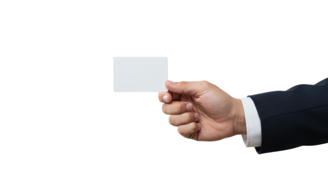 Young adult's hand in neutral cuff holding a blank, sleek, modern white card, presented on a transparent minimalist studio background with ample copy space, concept of future innovation and security
