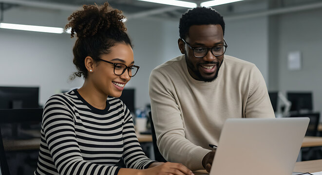 Two smiling Black professionals collaborating on a project using a laptop in a modern, open-plan office. - Powered by Adobe