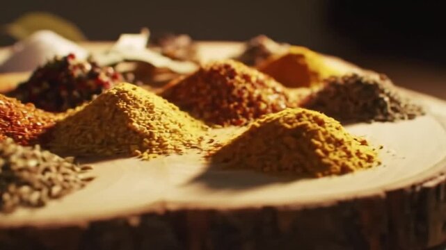 Aromatic Assortment Of Gourmet Spices On Natural Wood Surface