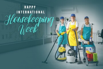 Young janitors with cleaning supplies in office. Happy International Housekeeping Week