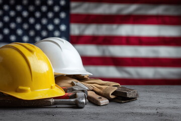Construction tools and hardhats are displayed in front of an American flag, celebrating Labor Day and recognizing the contributions of workers