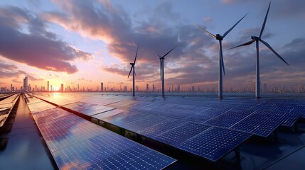 A future powered by clean energy wind turbines and solar panels meet a vibrant cityscape at sunset showcasing