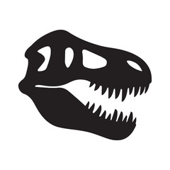"Tyrannosaurus Rex Skull Silhouette with Sharp Teeth Isolated on White Background"

