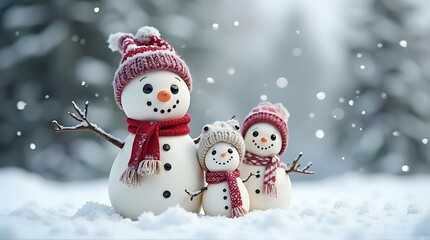 Fototapeta premium Smiling Snowman Family in Winter Landscape with Knitted Scarves