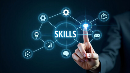 Human finger touching a glowing digital network of skills and icons on a dark background