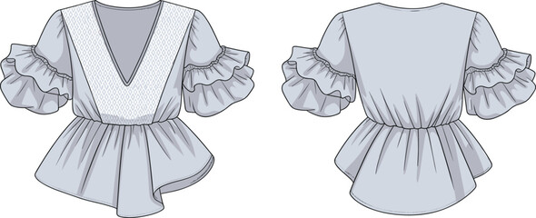  Fashion blouse technical sketch, deep V-neck front, layered ruffle sleeve, stylish asymmetrical hem, vector garment flat, women’s clothing