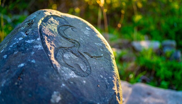 A serene river rock with a coiled snake carving, lit by green forest light, shot in stunning HD precision