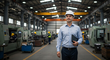 Confident male engineer in a hard hat holding a tablet walks through a modern manufacturing facility.