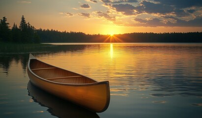 Fototapeta premium Canoe floating on tranquil lake at sunset, surrounded by forest and sky, with golden reflections and long shadows creating a serene natural scene