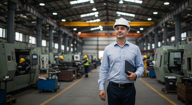 Confident male engineer in a hard hat holding a tablet walks through a modern manufacturing facility. - Powered by Adobe