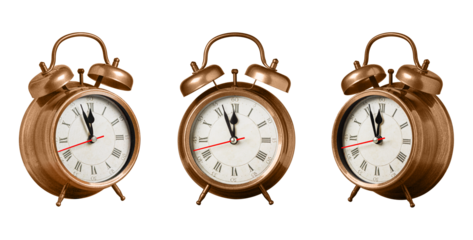 set collection retro clock, watch, pointer clock, Brown color alarm clock on isolated white background close up