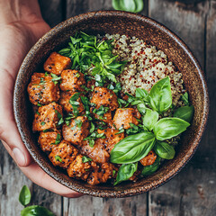 Top-Down View of Plant-Based Curry with Quinoa and Fresh Herbs, Rustic Background for Healthy Food Concept

