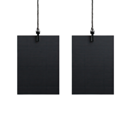 Two identical, dark gray rectangular tags, hanging from thin black cords.  The tags appear matte and have a subtle texture.  A small knot or fastening is visible at the top of each cord