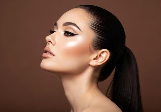 Stunning makeup model flaunts flawless skin and bold eyeliner