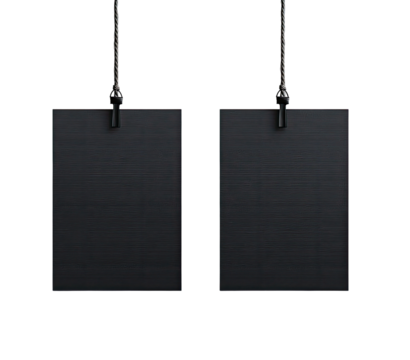 Two identical, dark gray rectangular tags, hanging from thin black cords.  The tags appear matte and have a subtle texture.  A small knot or fastening is visible at the top of each cord