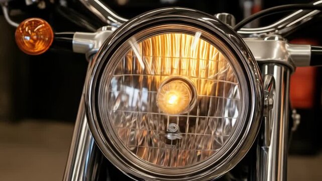 Classic motorcycle round chrome headlight turning on with a bright glowing halogen lamp inside