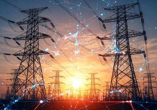 Power grid infrastructure at sunset with digital network overlay