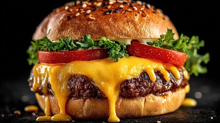Close-up of a juicy cheeseburger with melted cheese dripping