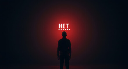 Fototapeta premium Het man silhouette dark red background light figure standing mystery shadow person human shape concept