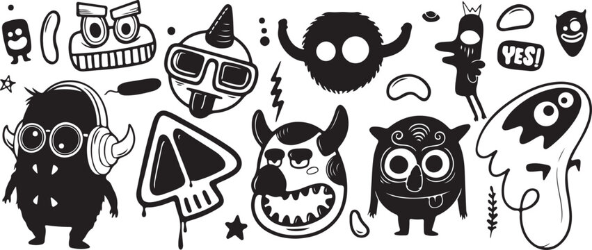 Skull and Devil Doodle Vector Set – Sunglasses, Devil, Skull, Cool, Mask, Party, Funky, Cartoon, Sketch, Transparent Background