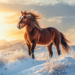 Majestic wild mustang standing on a snow-covered hilltop, wind in its mane, striking and bold, UHD 8K 