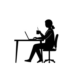 Silhouette of woman working on laptop and holding coffee cup at desk  