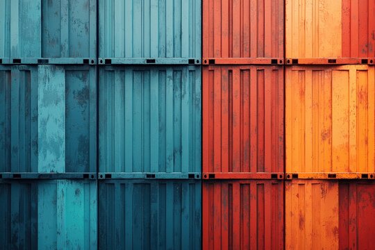 Colorful pattern of stacked blue and orange shipping containers