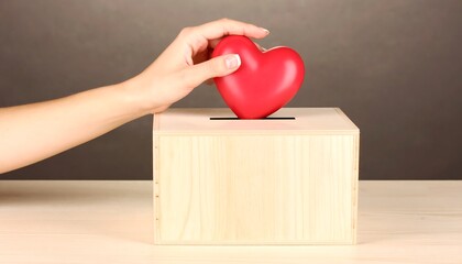 Compassionate Donation: Woman's Hand Gently Places Red Heart into Wooden Box