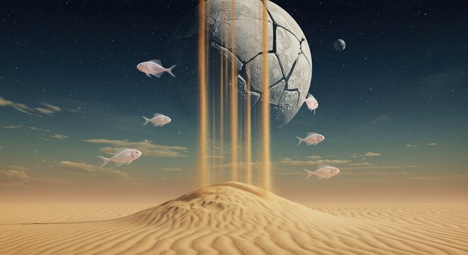 Dreamlike desert landscape with celestial orb, floating fish, and shimmering sand columns in serene surreal vista