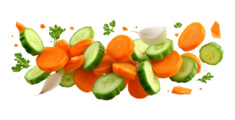 Fresh vegetables floating in air with carrot, cucumber, tomato, zucchini, and arugula isolated on a transparent background