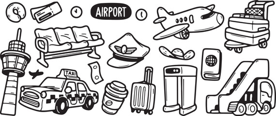 Travel Doodle Vector Set – Airport, Plane, Passport, Luggage, World, Flight, Map, Trip, Holiday, Tourism, Journey, Outline, Comic, Transparent Background